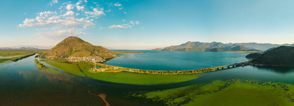 Panoramic Aerial View of Skadar Lake with Water Lilies and Mountains