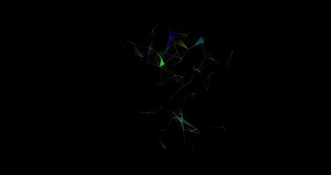 Low poly colorful mesh structure spins and adjusts speed gracefully on black background. Translucent tinted polygon facets reflect subtle spectral light gradients.
