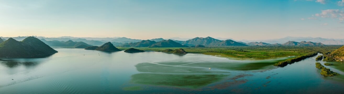 Panoramic Aerial View of Skadar Lake and Wetlands Near Virpazar