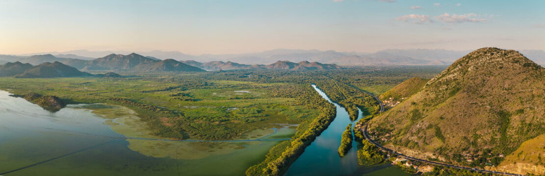 Panoramic Aerial View of Skadar Lake and Montenegro Landscape