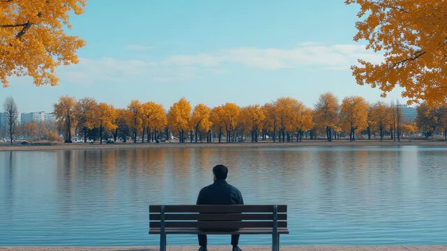 selective focus person sitting alone on park bench in deep thought