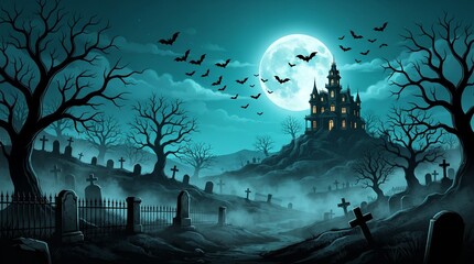 Fototapeta premium Eerie Halloween Cemetery Panorama with Glowing Full Moon, Flying Bats, Bare Trees and Haunted House