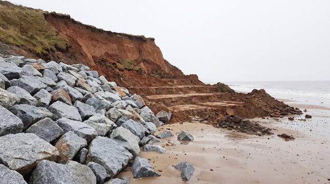 New Rock Armour Revetment Ending Abruptly Beside An Unprotected Cliff Showing Managed Retreat