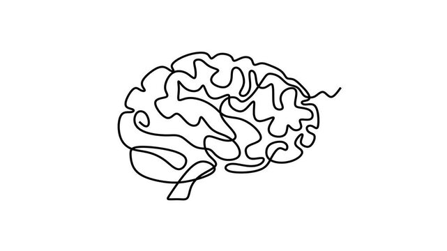 Animated self drawing of continuous line draw of Abstract Brain.  Full length one line animation. 4K	