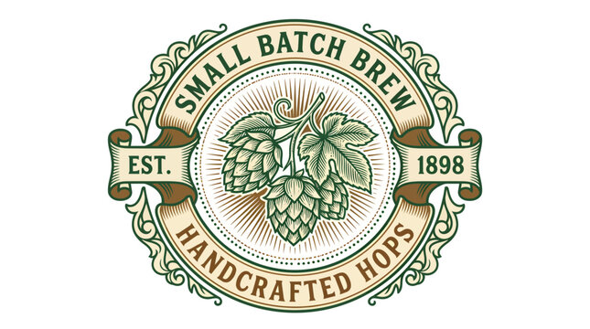 Vintage style brewery logo with hops and decorative emblem.
