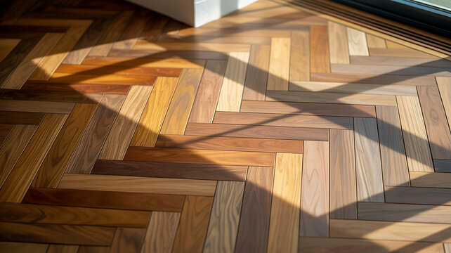 Herringbone wood floor with sunlight shadows herringbone pattern