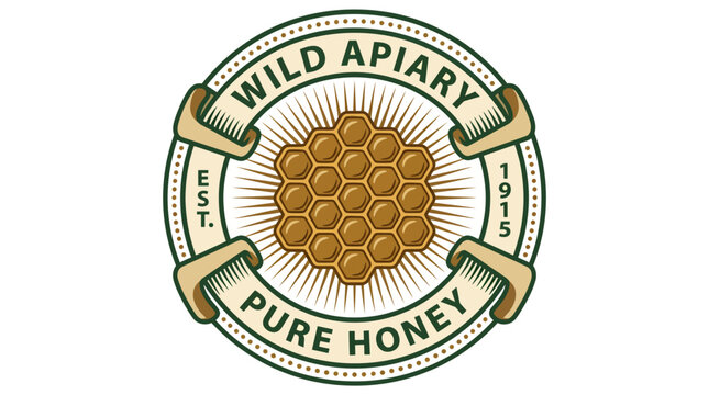 Vintage style emblem logo for Wild Apiary pure honey company.