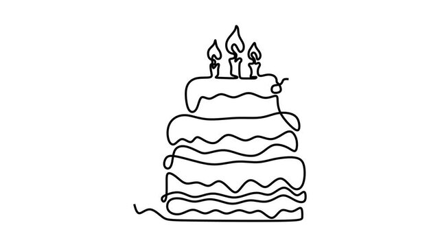 Animated self drawing of continuous line draw of birthday cake with candles.  Full length one line animation. 4K	