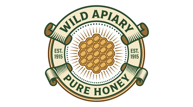 Vintage style honey logo with honeycomb and scroll elements.