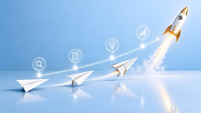 Paper airplanes transforming into launching rocket following ascending glowing trajectory line with business icons, symbolizing startup growth and strategic scaling