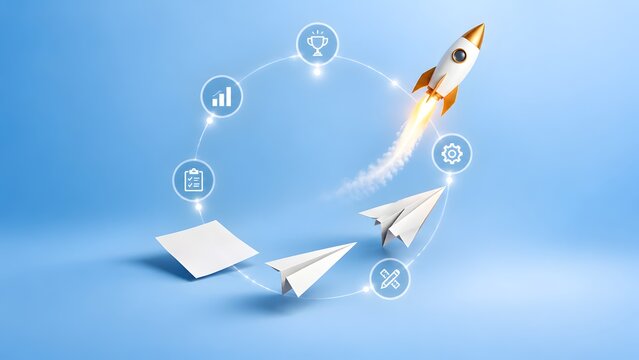 Paper transforming into airplane and launching rocket in circular upward motion with business icons, representing continuous improvement and startup growth