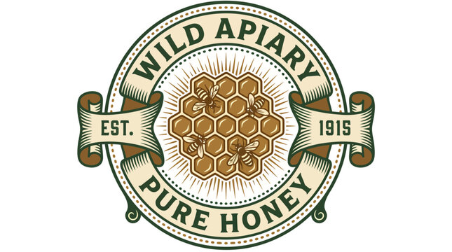 Vintage style logo design for Wild Apiary pure honey established in 1915.