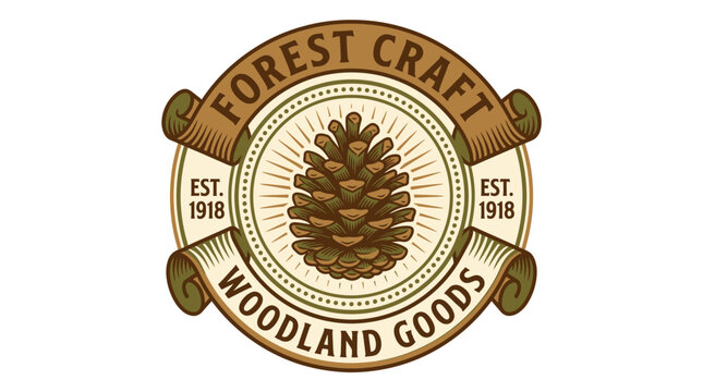 Vintage style logo featuring a pine cone emblem for Forest Craft Woodland Goods.
