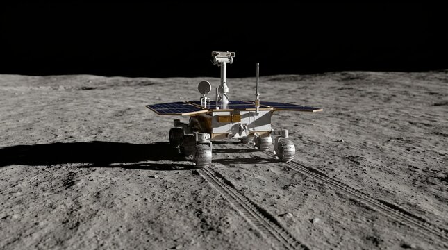 Robotic Lunar Rover Leaving Twin Tracks Across Grey Regolith Showing Moon Surface Exploration