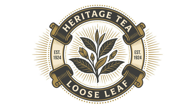 Vintage style tea label logo design with tea leaves illustration.