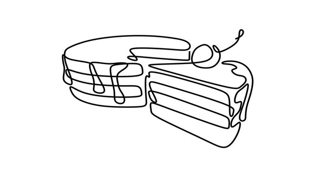 Animated self drawing of continuous line draw of Cake with Slice and Cherry.  Full length one line animation. 4K	