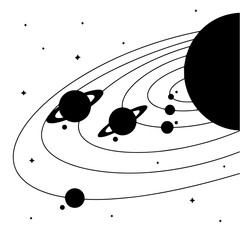 Minimalist illustration of a planet with rings and satellite moons © md solaimas
