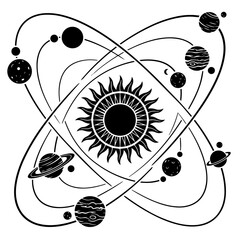 Graphic illustration of planets orbiting a central sun in space with outer space © md solaimas