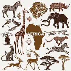 Fototapeta premium African Digital Clipart, Traditional African Ornaments and Animal Silhouettes, Tribal Africa Design, Ethnic Decorative Graphics