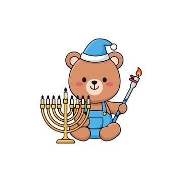 Cute cartoon teddy bear lighting a menorah for hanukkah