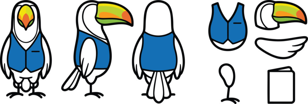 Toucan Character Set with Various Poses and Rigging Parts, Isolated on White