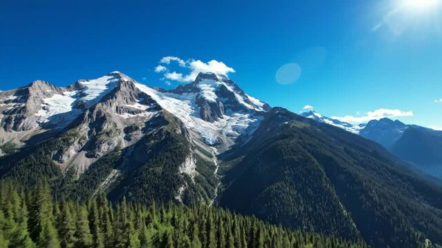 Epic scenic view of a majestic mountain range with lush green trees and a cloudless blue sky on a bright sunny day