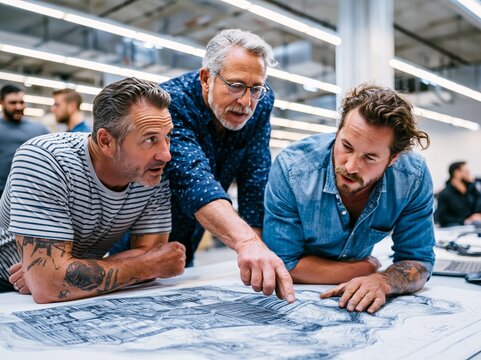 Architects collaborating on building blueprint design and planning