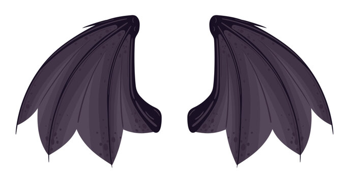 Bat wing silhouette. Pair of dark purple bat wings with pointed membranes and curved edges flat vector illustration. Gothic Halloween decoration