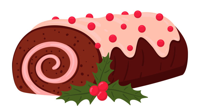 Christmas chocolate roll. Chocolate Swiss roll cake with pink icing, holly leaves and red berries flat vector illustration. Festive winter holiday dessert isolated on white