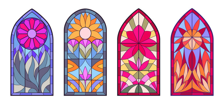 Colorful stained glass windows. Arched panels with floral and geometric motifs in vibrant colors flat vector illustration set. Gothic windows decoration