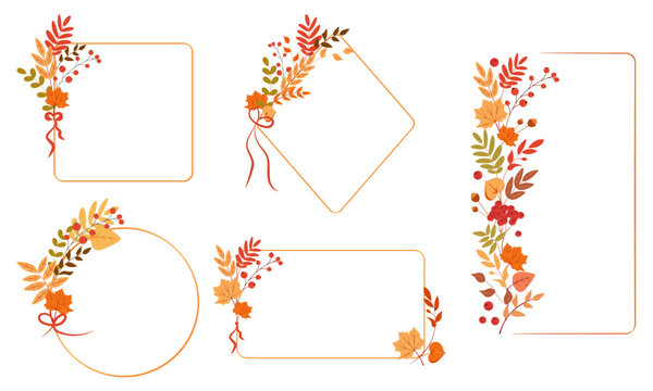 Set of autumn floral frames with maples leaves, berries and branches. Isolated on transparent background. Vector botanical borders collection for greeting, invitation, card and wedding design.