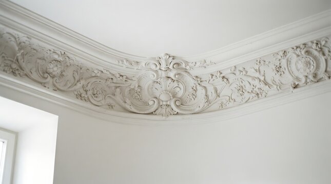 Ornate white plaster ceiling molding featuring intricate floral rococo style carvings