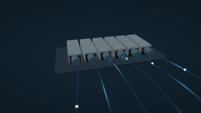 A close camera tracks across metallic optical transceiver ports as bright packets move through fanning blue fibers, showing connector depth and signal transmission in a fifteen second animation.