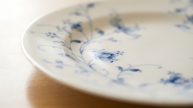 Elegant white porcelain plate featuring delicate blue floral painted patterns closeup