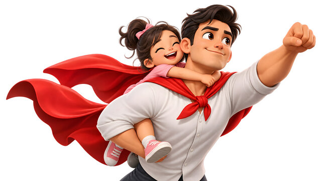 Proud father carrying his joyful daughter like a superhero, symbolizing love, protection, family bonding, courage, and childhood imagination in polished 3D cartoon style.
