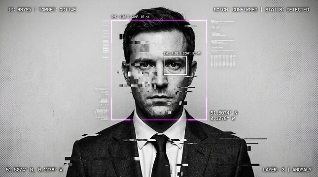 A black and white image of a man in a suit, framed within a digital interface, reflecting themes of biometric scanning, surveillance, and artificial intelligence, with a gritty aesthetic.
