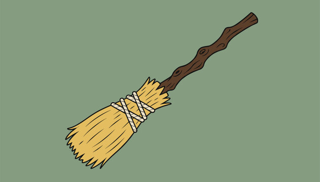 Witch broomstick made of a curved wooden handle and tied straw twigs is isolated on a solid green background.