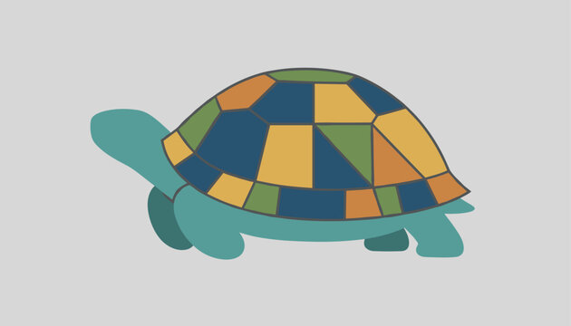 Stylized turtle with a colorful geometric pattern shell walks slowly against a solid light gray background.