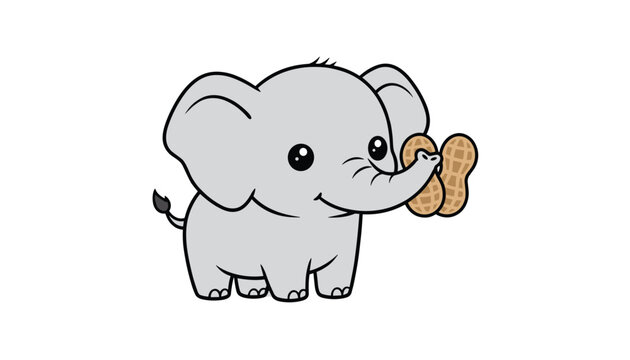 Cute baby elephant cartoon character smiling while holding a pair of peanuts in its trunk, isolated on white background.