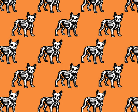 Frenchie bull dog skeleton repeat pattern design for Halloween costume, background or fabric in a seamless vector print