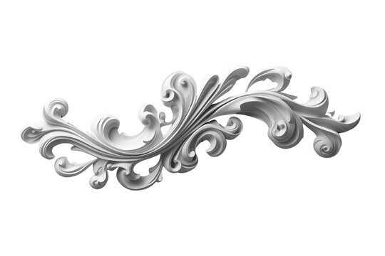 Silver baroque scroll ornament with elegant curves isolated on transparent background