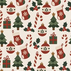 Fototapeta premium Christmas Seamless Pattern with Pine Tree, Bauble Ornament, Stocking, Candy Cane, and Holly Leaves