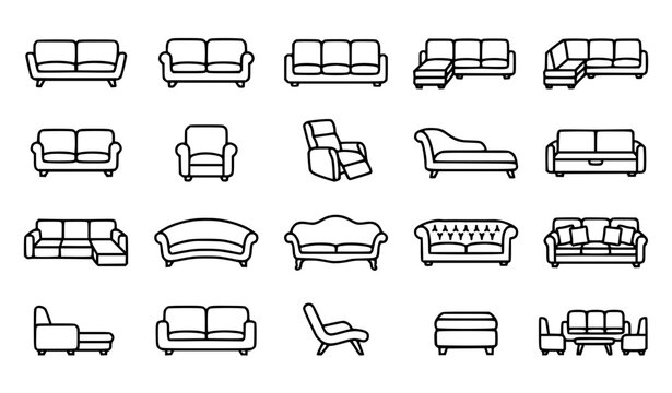 Contemporary Sofa Couch Furniture Outline Vector Illustration Set