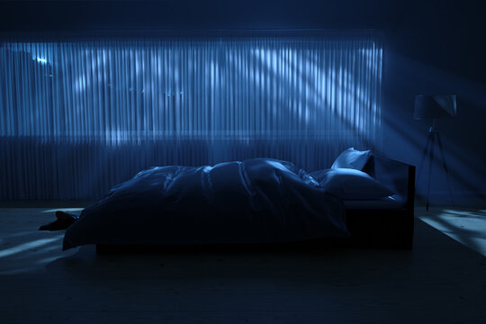 3D Rendering of a bedroom with cosy low bed at night with light rays through curtains