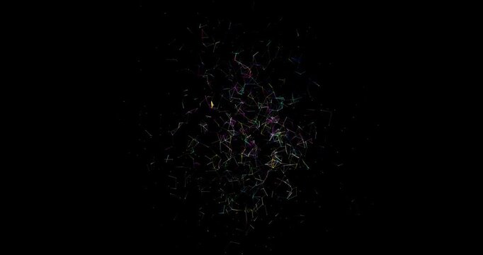 A multi colored plexus network rotates with variable speed in dark virtual environment. Bright colorful nodes and connecting lines twist in dynamic motion.