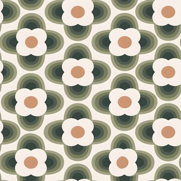Retro groovy floral seamless pattern with vintage 70s geometric flowers in green and muted tones