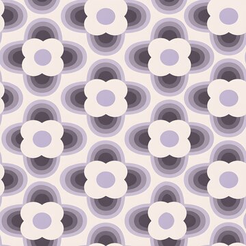Retro 70s seamless floral pattern with groovy purple geometric flowers