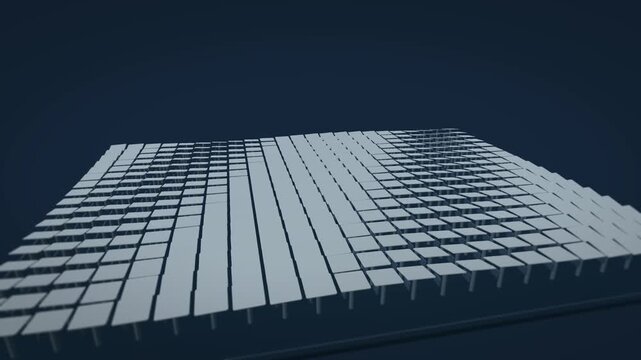 A wave of precisely timed tilts travels across a microelectromechanical mirror array, revealing actuator posts and shifting metallic reflections during a fifteen second tracking shot.
