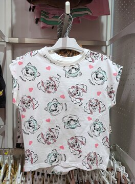Vista de cerca de una camiseta de manga corta con dibujos de la cabeza de Skye y Everest de Paw Patrol, en perchero de tienda Kiabi de Madrid, Espa&ntilde;a, 24 de junio de 2026	