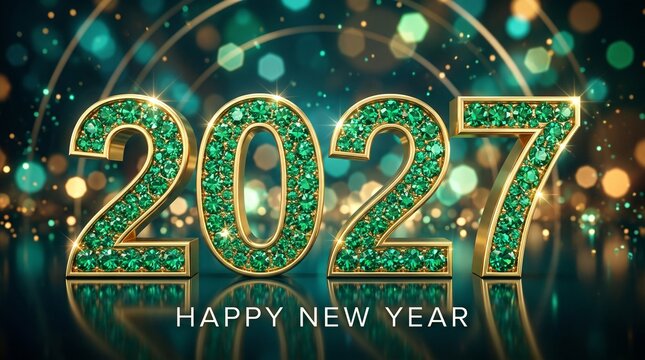 A Luxurious 2027 Happy New Year Greeting Featuring Embellished Emerald Green Numbers Against a Sparkling Golden and Turquoise Bokeh Background with Reflective Surfaces